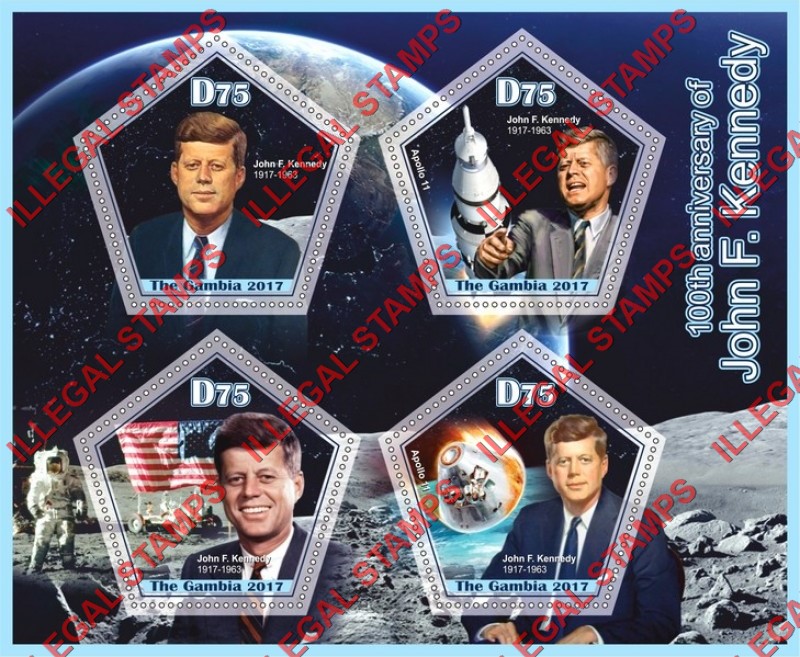 Gambia 2017 John F. Kennedy and Apollo 11 Illegal Stamp Souvenir Sheet of 4 Gambia 2017 John F. Kennedy and Apollo 11 Illegal Stamp Souvenir Sheet of 4