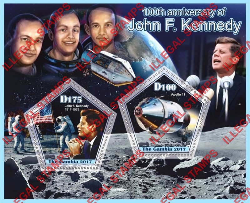 Gambia 2017 John F. Kennedy and Apollo 11 Illegal Stamp Souvenir Sheet of 2 Gambia 2017 John F. Kennedy and Apollo 11 Illegal Stamp Souvenir Sheet of 2