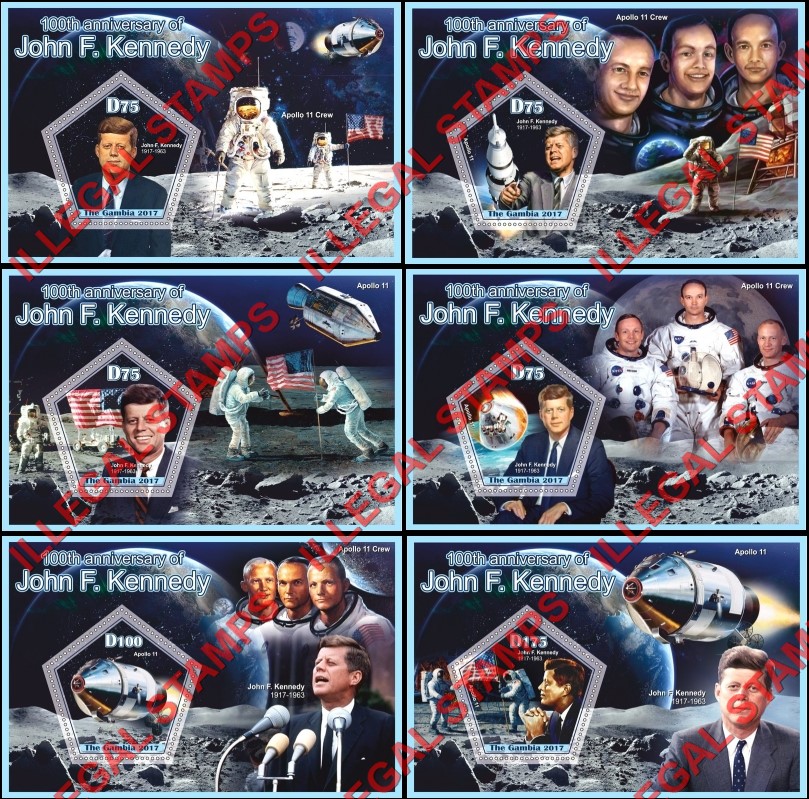 Gambia 2017 John F. Kennedy and Apollo 11 Illegal Stamp Souvenir Sheets of 1 Gambia 2017 John F. Kennedy and Apollo 11 Illegal Stamp Souvenir Sheets of 1