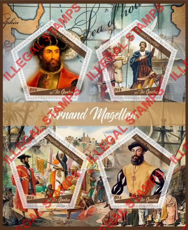 Gambia 2017 Fernand Magellan Illegal Stamp Souvenir Sheet of 4 Gambia 2017 Fernand Magellan Illegal Stamp Souvenir Sheet of 4