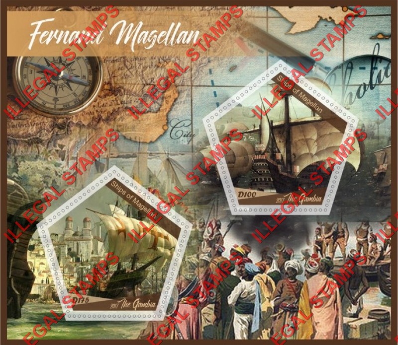 Gambia 2017 Fernand Magellan Illegal Stamp Souvenir Sheet of 2 Gambia 2017 Fernand Magellan Illegal Stamp Souvenir Sheet of 2