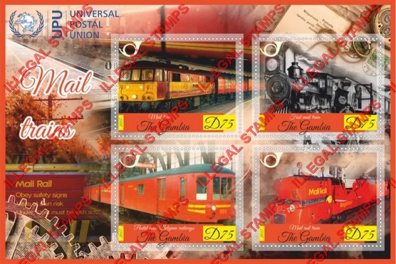 Gambia 2017 Mail Trains Illegal Stamp Souvenir Sheet of 4 Gambia 2017 Mail Trains Illegal Stamp Souvenir Sheet of 4