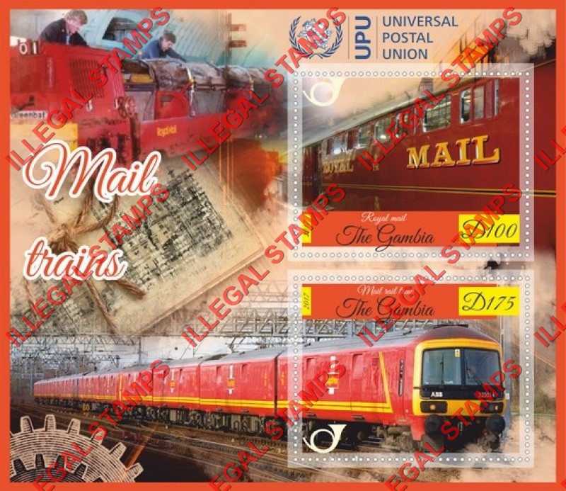 Gambia 2017 Mail Trains Illegal Stamp Souvenir Sheet of 2 Gambia 2017 Mail Trains Illegal Stamp Souvenir Sheet of 2