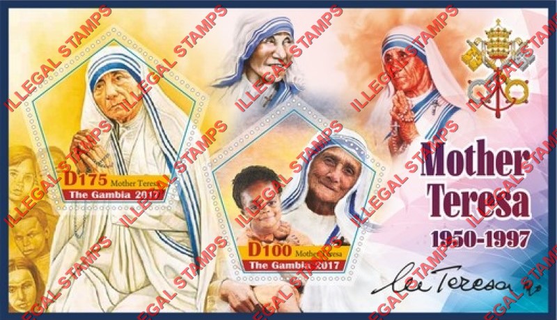 Gambia 2017 Mother Teresa Illegal Stamp Souvenir Sheet of 2 Gambia 2017 Mother Teresa Illegal Stamp Souvenir Sheet of 2