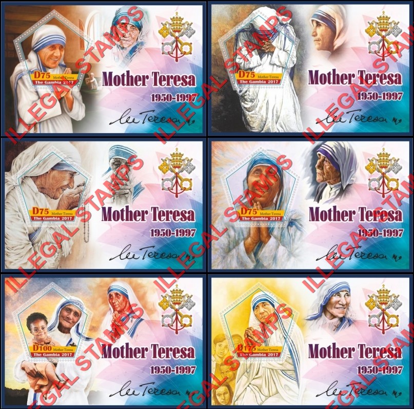 Gambia 2017 Mother Teresa Illegal Stamp Souvenir Sheets of 1 Gambia 2017 Mother Teresa Illegal Stamp Souvenir Sheets of 1