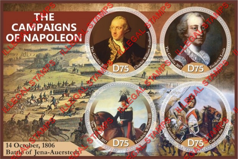 Gambia 2017 The Campaigns of Napoleon Illegal Stamp Souvenir Sheet of 4 Gambia 2017 The Campaigns of Napoleon Illegal Stamp Souvenir Sheet of 4