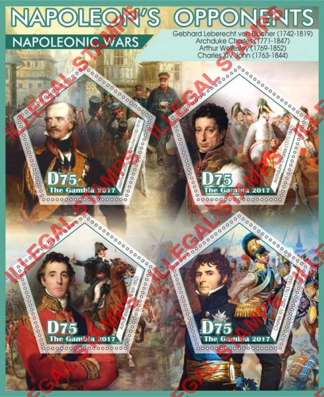 Gambia 2017 Napoleonic Wars Illegal Stamp Souvenir Sheet of 4 Gambia 2017 Napoleonic Wars Illegal Stamp Souvenir Sheet of 4