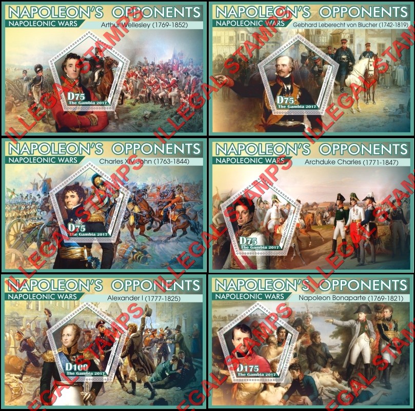 Gambia 2017 Napoleonic Wars Illegal Stamp Souvenir Sheets of 1 Gambia 2017 Napoleonic Wars Illegal Stamp Souvenir Sheets of 1