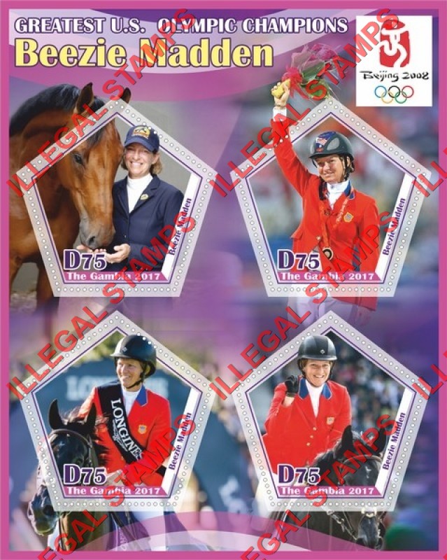 Gambia 2017 Olympic Champion Beezie Madden Illegal Stamp Souvenir Sheet of 4 Gambia 2017 Olympic Champion Beezie Madden Illegal Stamp Souvenir Sheet of 4