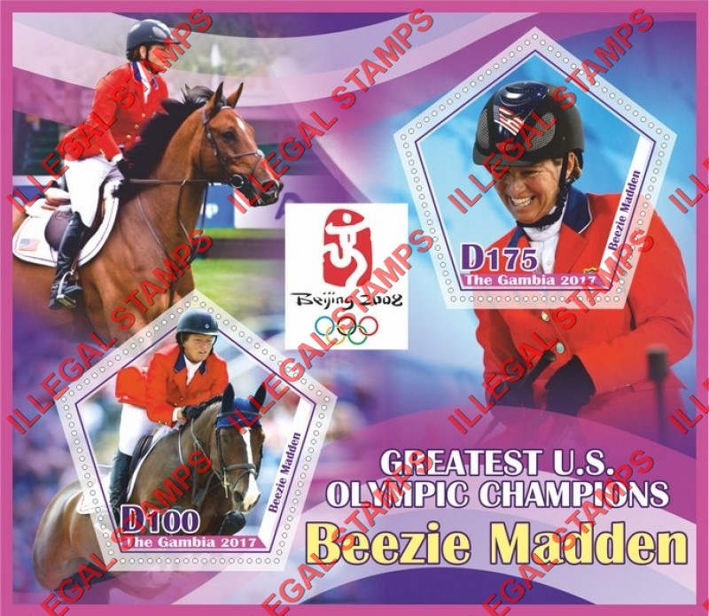 Gambia 2017 Olympic Champion Beezie Madden Illegal Stamp Souvenir Sheet of 2 Gambia 2017 Olympic Champion Beezie Madden Illegal Stamp Souvenir Sheet of 2