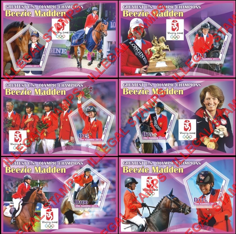 Gambia 2017 Olympic Champion Beezie Madden Illegal Stamp Souvenir Sheets of 1 Gambia 2017 Olympic Champion Beezie Madden Illegal Stamp Souvenir Sheets of 1