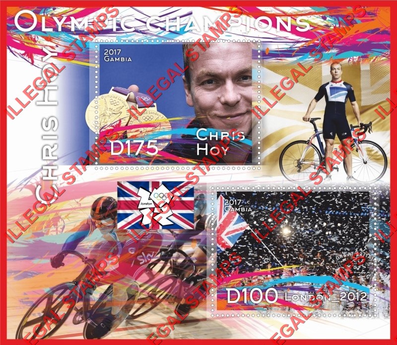 Gambia 2017 Olympic Champion Chris Hoy Illegal Stamp Souvenir Sheet of 2 Gambia 2017 Olympic Champion Chris Hoy Illegal Stamp Souvenir Sheet of 2