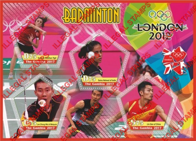 Gambia 2017 Olympic Games in London in 2012 Badminton Illegal Stamp Souvenir Sheet of 4 Gambia 2017 Olympic Games in London in 2012 Badminton Illegal Stamp Souvenir Sheet of 4
