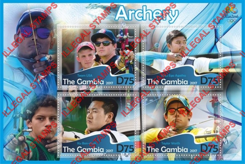Gambia 2017 Olympics Archery Illegal Stamp Souvenir Sheet of 4 Gambia 2017 Olympics Archery Illegal Stamp Souvenir Sheet of 4