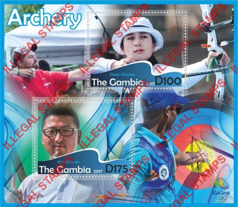 Gambia 2017 Olympics Archery Illegal Stamp Souvenir Sheet of 2 Gambia 2017 Olympics Archery Illegal Stamp Souvenir Sheet of 2