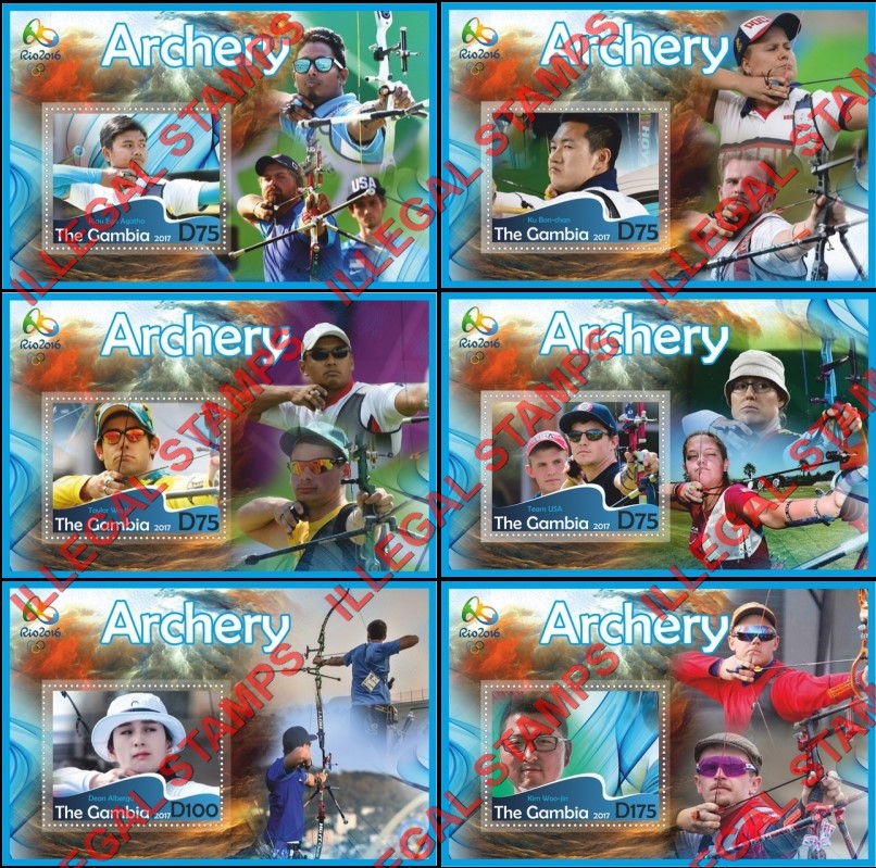Gambia 2017 Olympics Archery Illegal Stamp Souvenir Sheets of 1 Gambia 2017 Olympics Archery Illegal Stamp Souvenir Sheets of 1
