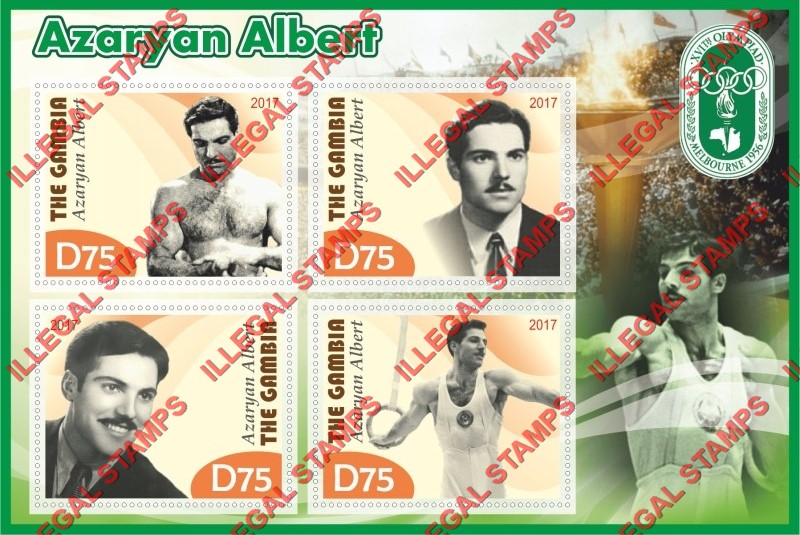 Gambia 2017 Olympics 1956 Azaryan Albert Illegal Stamp Souvenir Sheet of 4 Gambia 2017 Olympics 1956 Azaryan Albert Illegal Stamp Souvenir Sheet of 4