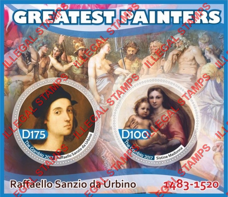 Gambia 2017 Paintings Greatest Painters Raphael Illegal Stamp Souvenir Sheet of 2 Gambia 2017 Paintings Greatest Painters Raphael Illegal Stamp Souvenir Sheet of 2