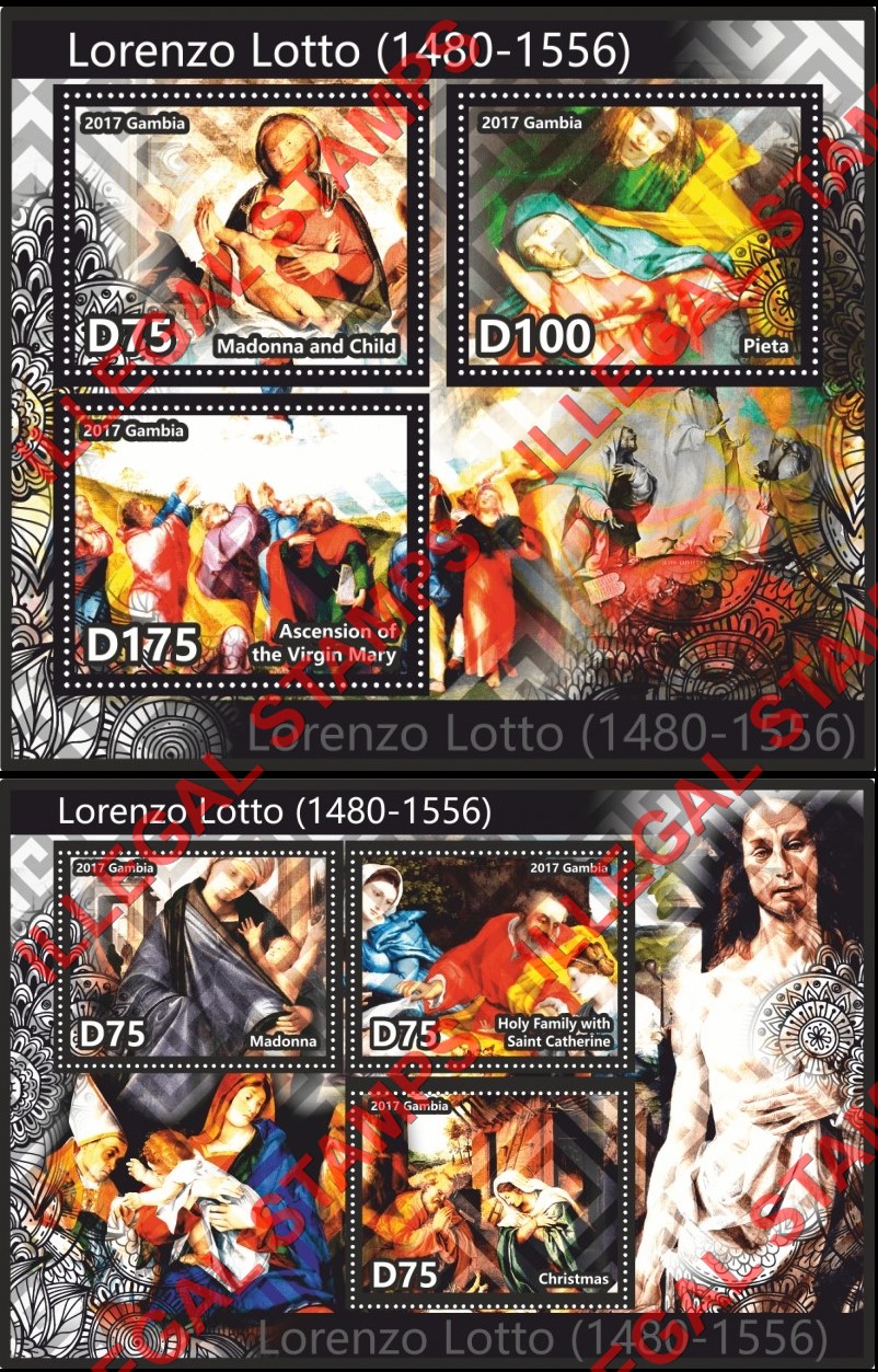 Gambia 2017 Paintings Lorenzo Lotto Illegal Stamp Souvenir Sheets of 3 Gambia 2017 Paintings Lorenzo Lotto Illegal Stamp Souvenir Sheets of 3