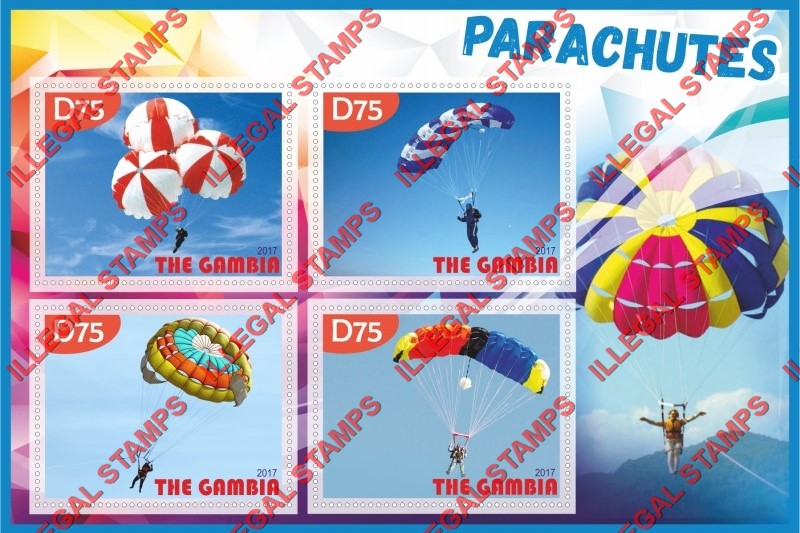 Gambia 2017 Parachutes Illegal Stamp Souvenir Sheet of 4 Gambia 2017 Parachutes Illegal Stamp Souvenir Sheet of 4