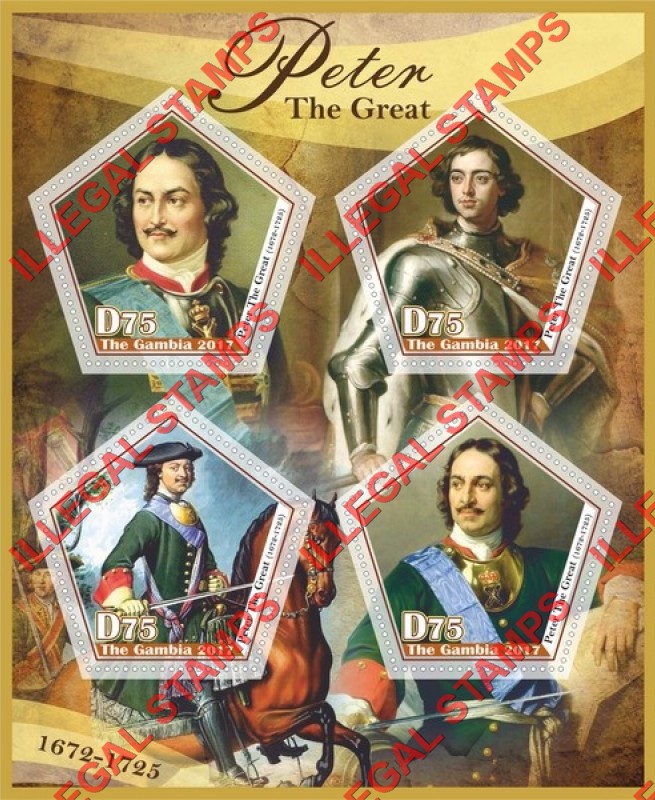 Gambia 2017 Peter the Great Illegal Stamp Souvenir Sheet of 4 Gambia 2017 Peter the Great Illegal Stamp Souvenir Sheet of 4