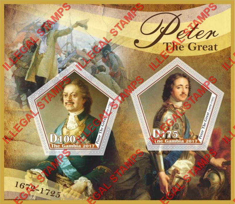Gambia 2017 Peter the Great Illegal Stamp Souvenir Sheet of 2 Gambia 2017 Peter the Great Illegal Stamp Souvenir Sheet of 2