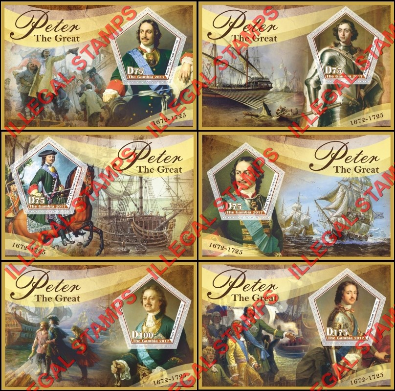 Gambia 2017 Peter the Great Illegal Stamp Souvenir Sheets of 1 Gambia 2017 Peter the Great Illegal Stamp Souvenir Sheets of 1