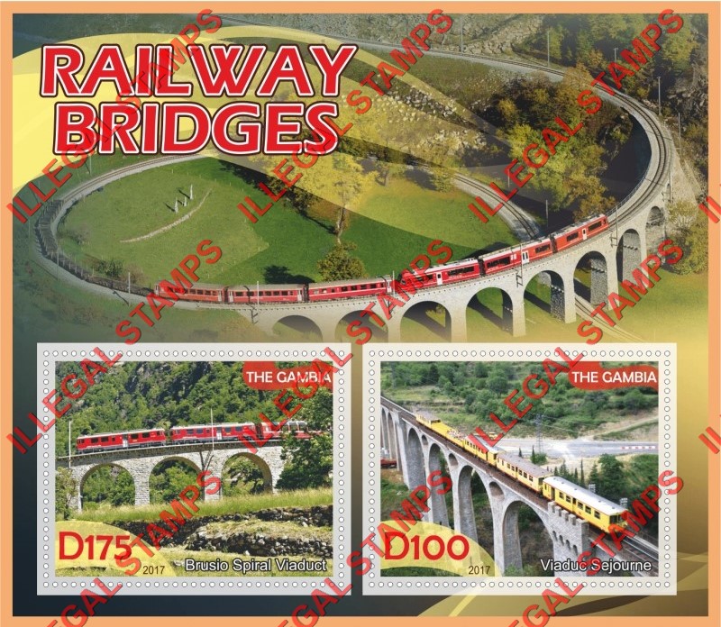 Gambia 2017 Railway Bridges (different) Illegal Stamp Souvenir Sheet of 2 Gambia 2017 Railway Bridges (different) Illegal Stamp Souvenir Sheet of 2