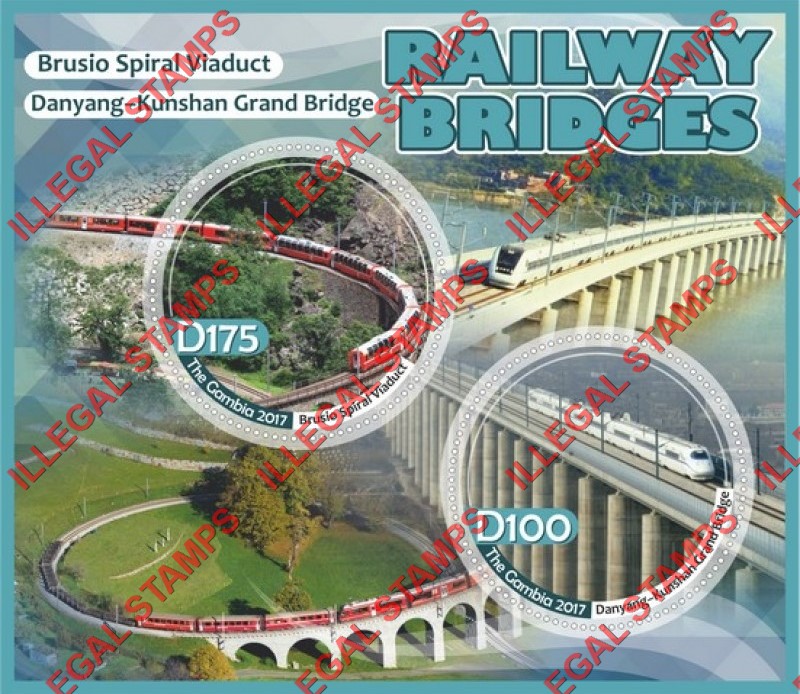 Gambia 2017 Railway Bridges Illegal Stamp Souvenir Sheet of 2 Gambia 2017 Railway Bridges Illegal Stamp Souvenir Sheet of 2