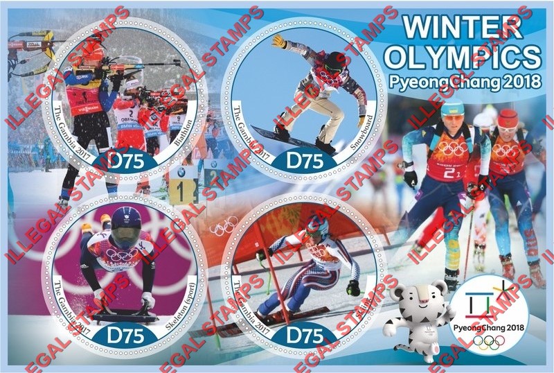 Gambia 2017 Winter Olympics Pyeong Chang 2018 Illegal Stamp Souvenir Sheet of 4 Gambia 2017 Winter Olympics Pyeong Chang 2018 Illegal Stamp Souvenir Sheet of 4
