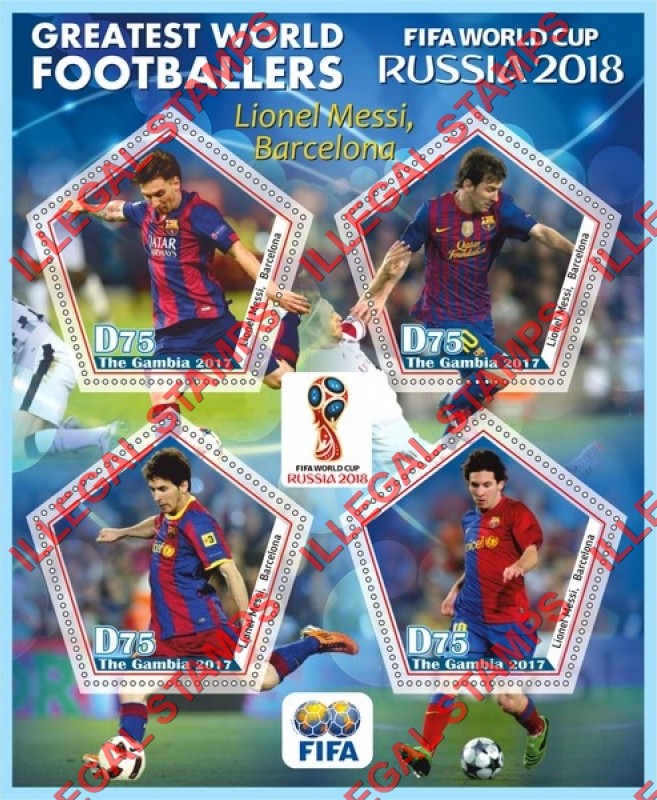 Gambia 2017 World Cup Soccer Greatest World Footballers Lionel Messi Illegal Stamp Souvenir Sheet of 4 Gambia 2017 World Cup Soccer Greatest World Footballers Lionel Messi Illegal Stamp Souvenir Sheet of 4