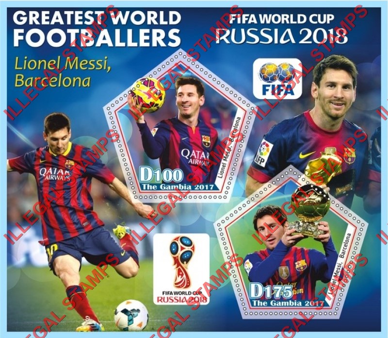 Gambia 2017 World Cup Soccer Greatest World Footballers Lionel Messi Illegal Stamp Souvenir Sheet of 2 Gambia 2017 World Cup Soccer Greatest World Footballers Lionel Messi Illegal Stamp Souvenir Sheet of 2