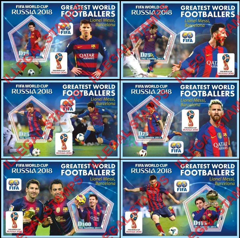 Gambia 2017 World Cup Soccer Greatest World Footballers Lionel Messi Illegal Stamp Souvenir Sheets of 1 Gambia 2017 World Cup Soccer Greatest World Footballers Lionel Messi Illegal Stamp Souvenir Sheets of 1