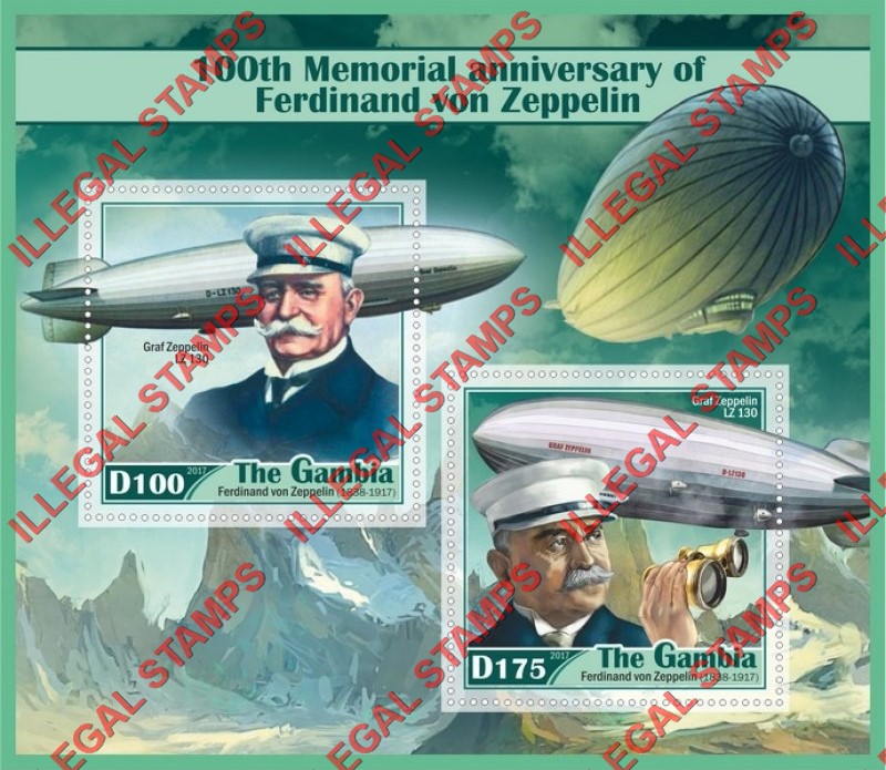Gambia 2017 Zeppelins Ferdinand von Zeppelin Illegal Stamp Souvenir Sheet of 2 Gambia 2017 Zeppelins Ferdinand von Zeppelin Illegal Stamp Souvenir Sheet of 2
