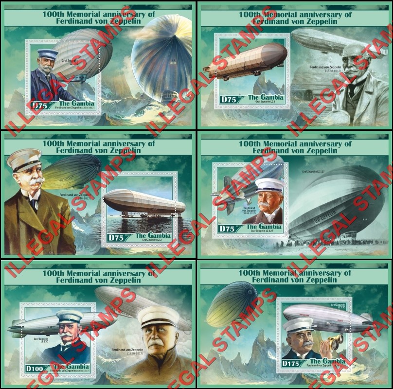 Gambia 2017 Zeppelins Ferdinand von Zeppelin Illegal Stamp Souvenir Sheets of 1 Gambia 2017 Zeppelins Ferdinand von Zeppelin Illegal Stamp Souvenir Sheets of 1