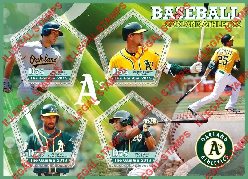 Gambia 2018 Baseball Oakland Athletics Illegal Stamp Souvenir Sheet of 4 Gambia 2018 Baseball Oakland Athletics Illegal Stamp Souvenir Sheet of 4