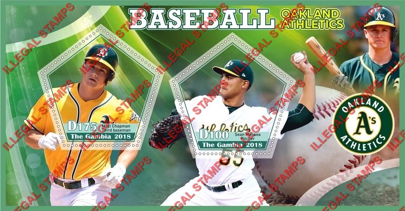 Gambia 2018 Baseball Oakland Athletics Illegal Stamp Souvenir Sheet of 2 Gambia 2018 Baseball Oakland Athletics Illegal Stamp Souvenir Sheet of 2