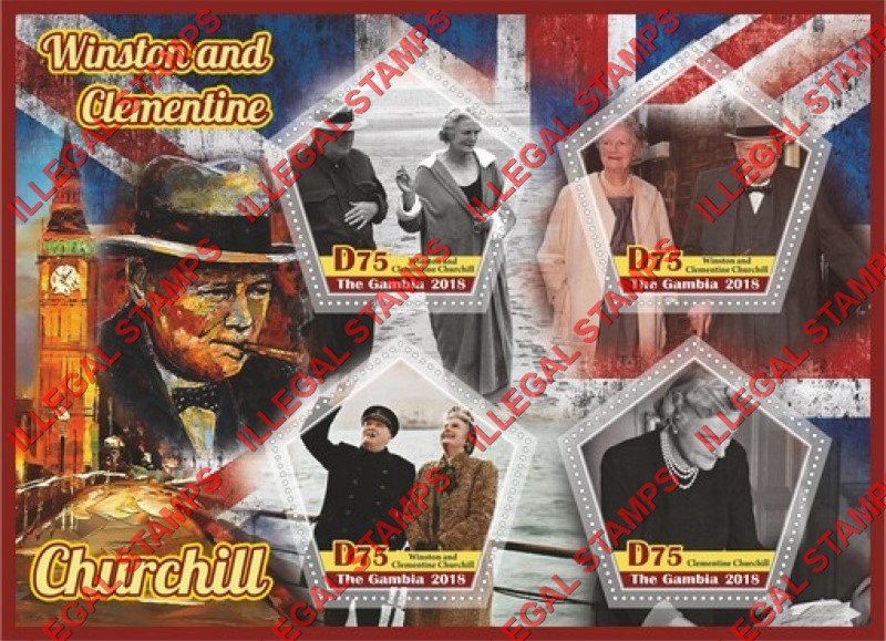 Gambia 2018 Winston and Clementine Churchill Illegal Stamp Souvenir Sheet of 4 Gambia 2018 Winston and Clementine Churchill Illegal Stamp Souvenir Sheet of 4