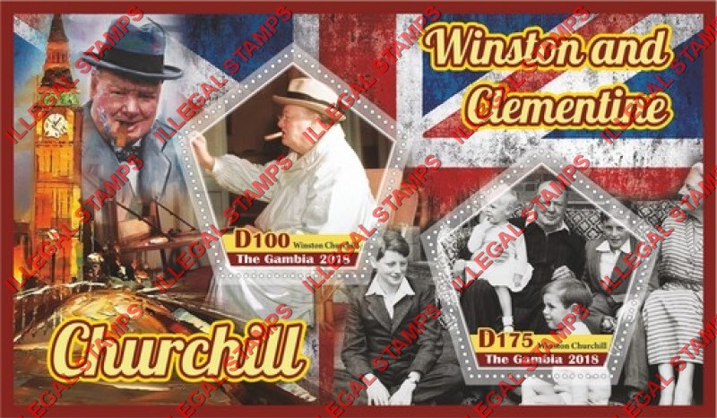 Gambia 2018 Winston and Clementine Churchill Illegal Stamp Souvenir Sheet of 2 Gambia 2018 Winston and Clementine Churchill Illegal Stamp Souvenir Sheet of 2