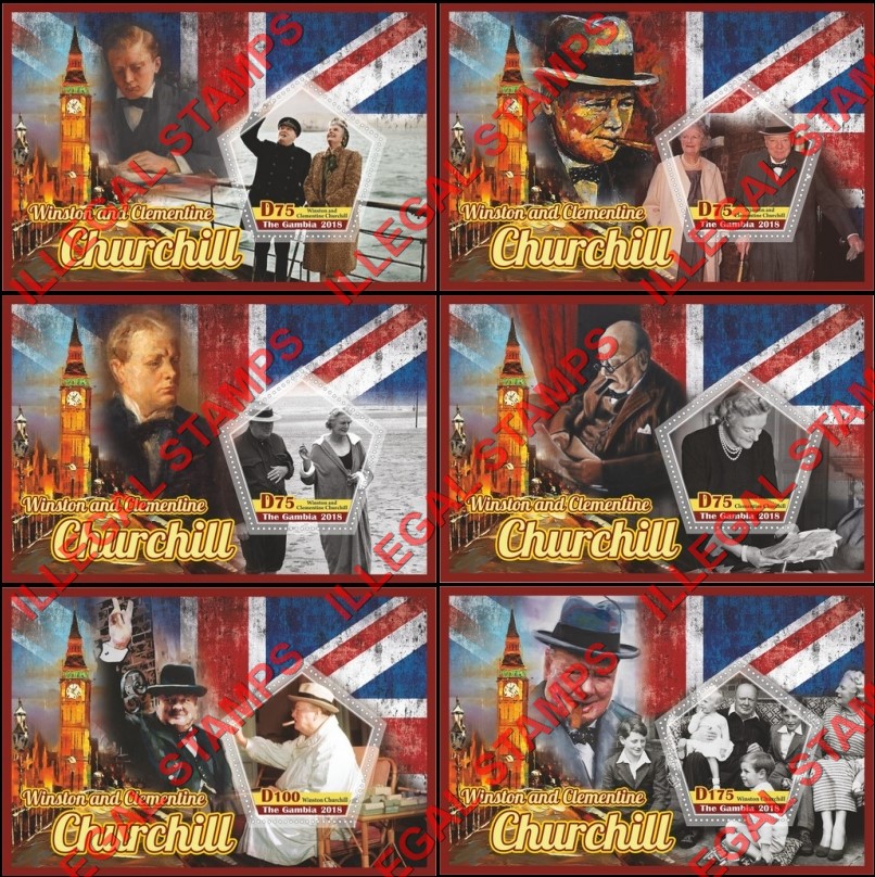 Gambia 2018 Winston and Clementine Churchill Illegal Stamp Souvenir Sheets of 1 Gambia 2018 Winston and Clementine Churchill Illegal Stamp Souvenir Sheets of 1