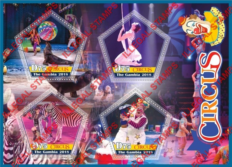 Gambia 2018 Circus Illegal Stamp Souvenir Sheet of 4 Gambia 2018 Circus Illegal Stamp Souvenir Sheet of 4
