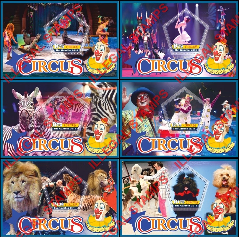 Gambia 2018 Circus Illegal Stamp Souvenir Sheets of 1 Gambia 2018 Circus Illegal Stamp Souvenir Sheets of 1