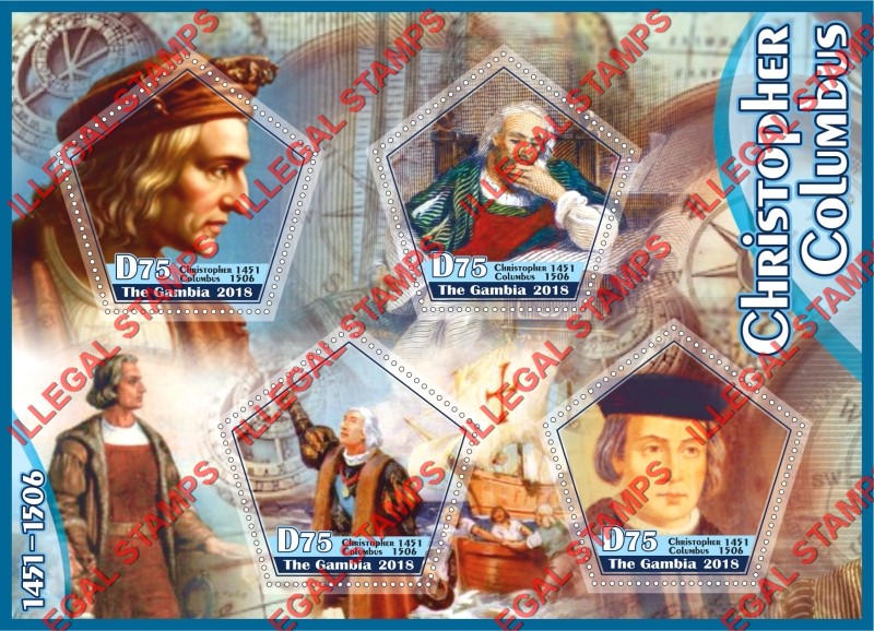 Gambia 2018 Christopher Columbus Illegal Stamp Souvenir Sheet of 4 Gambia 2018 Christopher Columbus Illegal Stamp Souvenir Sheet of 4