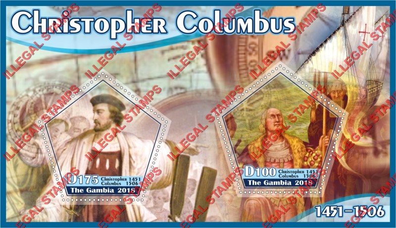 Gambia 2018 Christopher Columbus Illegal Stamp Souvenir Sheet of 2 Gambia 2018 Christopher Columbus Illegal Stamp Souvenir Sheet of 2