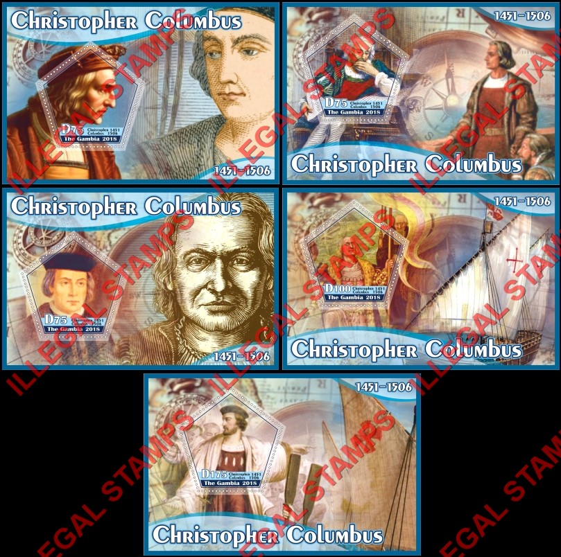 Gambia 2018 Christopher Columbus Illegal Stamp Souvenir Sheets of 1 Gambia 2018 Christopher Columbus Illegal Stamp Souvenir Sheets of 1