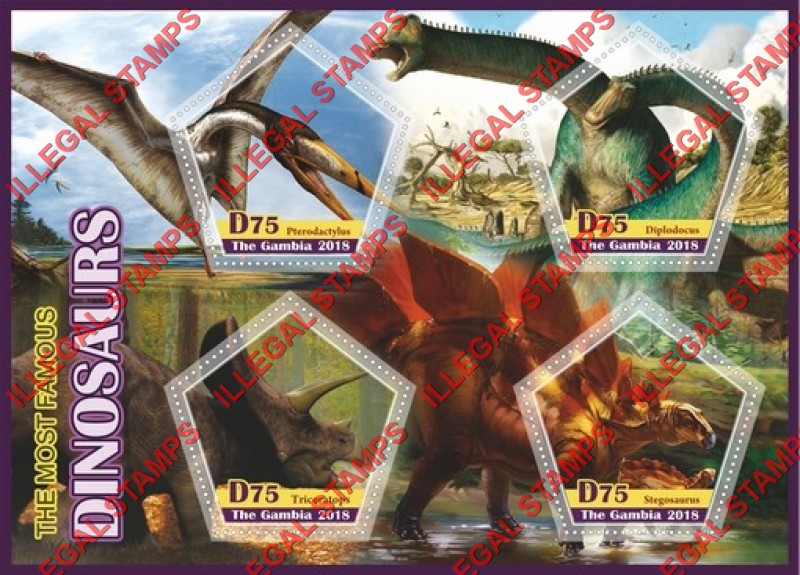 Gambia 2018 Dinosaurs Illegal Stamp Souvenir Sheet of 4 Gambia 2018 Dinosaurs Illegal Stamp Souvenir Sheet of 4