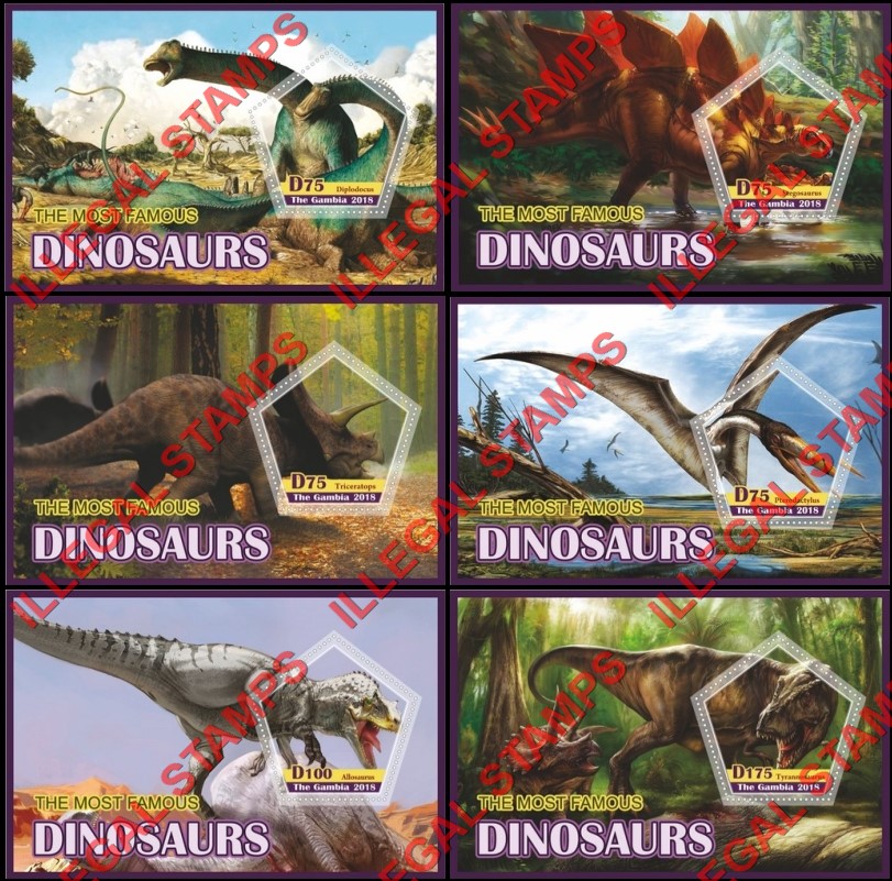 Gambia 2018 Dinosaurs Illegal Stamp Souvenir Sheets of 1 Gambia 2018 Dinosaurs Illegal Stamp Souvenir Sheets of 1