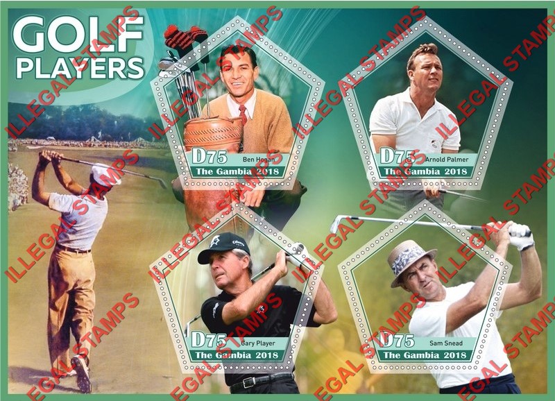 Gambia 2018 Golf Players Illegal Stamp Souvenir Sheet of 4 Gambia 2018 Golf Players Illegal Stamp Souvenir Sheet of 4