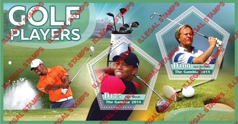 Gambia 2018 Golf Players Illegal Stamp Souvenir Sheet of 2 Gambia 2018 Golf Players Illegal Stamp Souvenir Sheet of 2