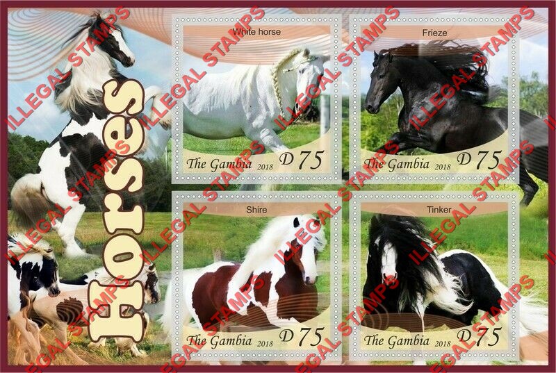 Gambia 2018 Horses Illegal Stamp Souvenir Sheet of 4 Gambia 2018 Horses Illegal Stamp Souvenir Sheet of 4